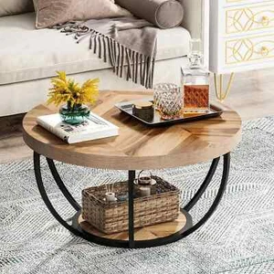Wooden Round Coffee Table, Rustic 2-Tier Wooden Center Table w/ Storage Shelves - Picture 1 of 7