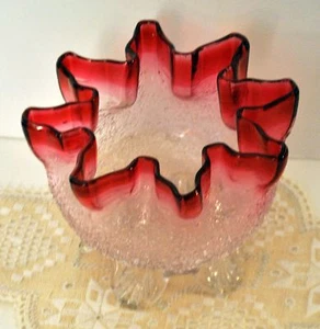 CRANBERRY FLUTED TOP OVERSHOT GLASS FOOTED BOWL Applied feet Rough pontil Fenton - Picture 1 of 7