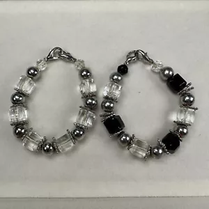 Ladies 2 stretchy bracelet set, With Hooks, Silver, Clear & Black Beaded charms - Picture 1 of 5