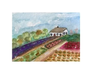 Aceo Painting By Kenna Original Gouache Landscape Vege Garden 2.5” X 3.5” - Picture 1 of 2