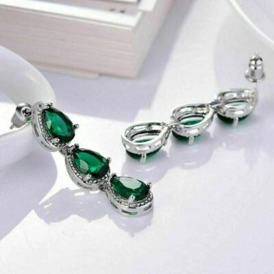 3Ct Pear Cut Emerald & VVS1 Diamond Drop Dangle Earrings 14K White Gold Finish - Image 1 of 4