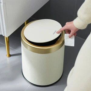 15L Bathroom Trash Can with Swing Lid,White Gold Garbage Can Office Waste Basket - Picture 1 of 20