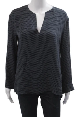 Blusa túnica Vince feminina azul escura seda geométrica manga longa tamanho 6 - Imagem 1 de 4