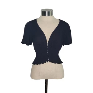 Forever 21 Size S Black Smocked Button Front Deep V-Neck Flutter Sleeve Crop Top - Picture 1 of 9