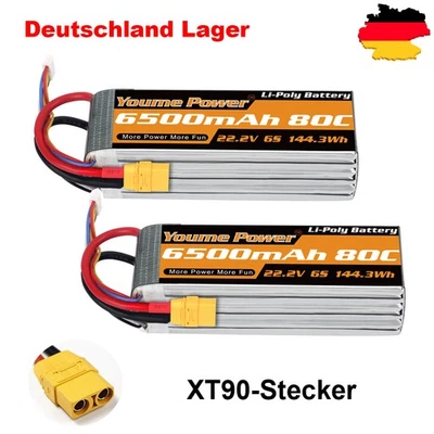 YOUME 2Stück 22,2V 6500mAh 6S Lipo Akku XT90 für RC Hubschrauber Drohne Auto Losi Boot