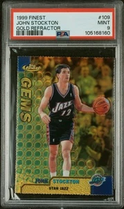 POP4 JOHN STOCKTON PSA 9 1999 TOPPS FINEST #109 GEMAS REFRACTOR DE ORO 100/100 HOF - Imagen 1 de 5