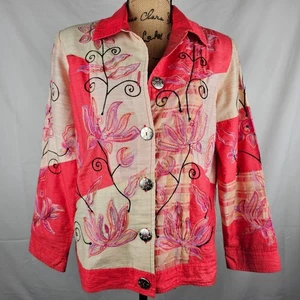 Indigo Moon Embroidered Floral Button Down Jacket - Womens XS - Pink Beige - Picture 1 of 13