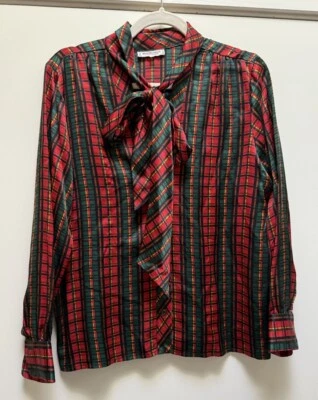 Blusa camisa vintage YSL Yves Saint Laurent roja a cuadros con moño/corbata para mujer talla 40” Foto 1 de 4
