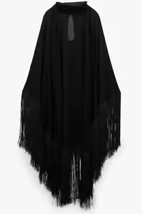 ZARA BLACK CHIFFON CAPE WITH FRINGING TASSELLED FLOWING SHEER MAXI KIMONO JACKET - Picture 1 of 7