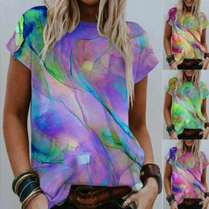 Summer Womens Casual Tie-dye T Shirt Crew Neck Short Sleeve Blouse Loose Top Tee - Picture 1 of 11
