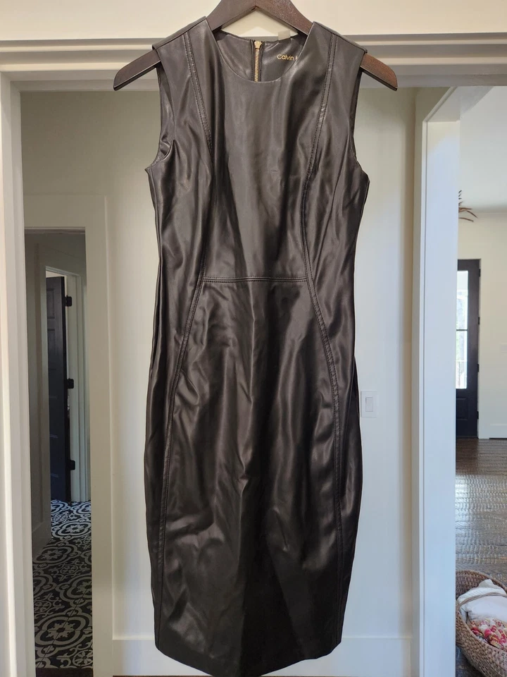 Calvin Klein Black Faux Leather Sheath Dress 2 - Image 1 of 4