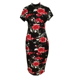 SHEIN Elegant Floral Bodycon Dress Red Roses Black Background Short Sleeve Sz M - Picture 1 of 10