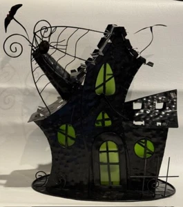Halloween Metall schwarzes Spukhaus mit grünen Fenstern für 4 Teelichter. - Bild 1 von 8