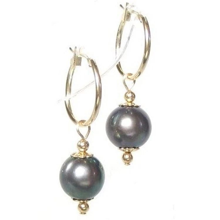 AAA 9-10mm Genuine Black Pearl Click Hoop Earrings in 14K Gold or 925 Silver - Image 1 of 1