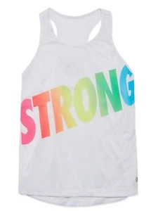 Girls White Rainbow Strong Athletic Tank Top Semi-sheer Racerback Tee Shirt - Picture 1 of 1