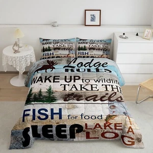 Rustic Lake Cabin Comforter Set Lake House Decor, Camping Lodge Rules Bedding... - Picture 1 of 7