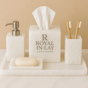 white Quartz Bathroom Set – Tissue Box, Soap Dispenser & case, Brush Holder,tray - Picture 1 of 5