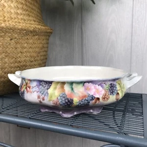 Vintage Hand Painted Ceramic Serving Bowl Dish Purple Grapes Leaves With Handles - Picture 1 of 10