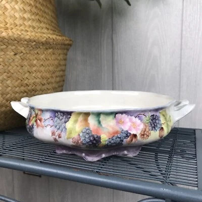 Plato de cerámica pintado a mano vintage púrpura hojas de uvas con asas Foto 1 de 4