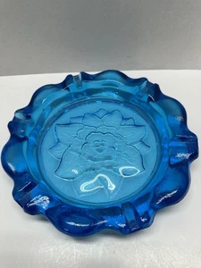 Vtg MCM Tiara Indiana Blue Pressed Glass Lotus Flower Ashtray Large 9.5" Heavy - Picture 1 of 7
