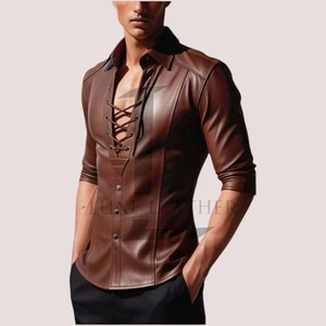 Men's Brown Leather Shirt Genuine Lambskin Leather Shirt Classic Style Laceup - Picture 1 of 3
