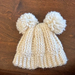 Girls Winter Knit Hat Cream Pom Poms Toddler Baby 6m 2T - Picture 1 of 2