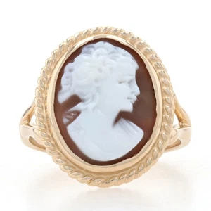 Anello Vintage In Conchiglia Intagliata In Oro Giallo - 14k Silhouette Femminile - Foto 1 di 9