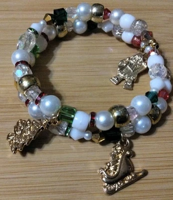 Handmade 13.5in Wrap Bracelet-Plastic, Glass, Rhinestone Spacers-Christmas Charm - Image 1 of 4