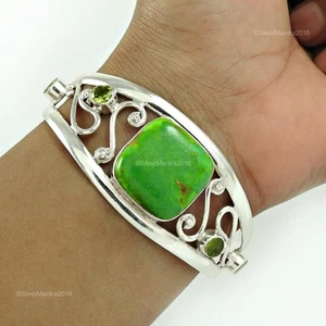 Cushion December Green Copper Turquoise 925 Solid Silver Daughter Bangle Jewelry - Picture 1 of 7