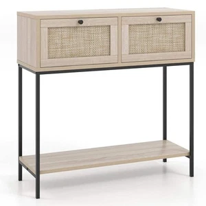 Costway 31.5 in. Oak Rectangle Wood Console Table with 2 Rattan Drawers, Open - Picture 1 of 9