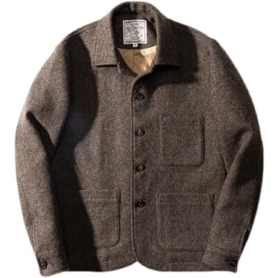 French Work Jacket Winter Warm Men's Wool Tweed Coat Vintage Casual Pockets Top - Image 1 of 4
