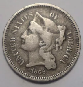 Very Fine details 1866 three Cent 3c nickel type coin COMBINE SHIPPING! - Picture 1 of 6