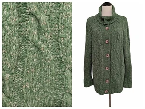 LL Bean Womens Sz 1X Marled Green Cable Knit Wool Cotton Blend Cardigan Sweater - Picture 1 of 11