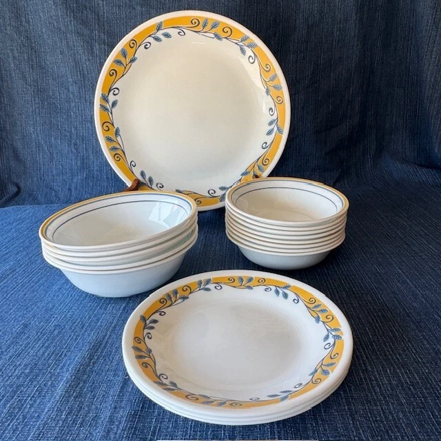 Corelle By Corning Casa Flora Plates & Bowls Yellow Border Blue Vine - 4 Lots - Image 1 of 1