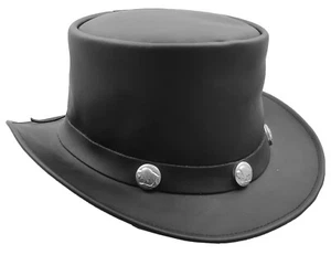 Real Cow Leather Top Hat Black Buffalo Coins Band Steampunk Magician Hats NEW - Picture 1 of 5