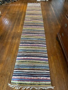 Bright Antique Swedish Hand Made Rag Rug (23x136 inches) 1930s - Picture 1 of 3