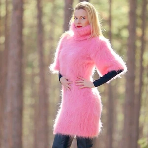Fuzzy pink mohair dress handmade sweater designer warm fluffy tunic SuperTanya - Picture 1 of 5