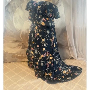 Navy Floral Boho Chiffon with Ruffles & Adjustable Shoulder Dress -Girls Size 16 - Picture 1 of 23