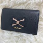 Auth PRADA Business Card Holder Saffiano Leather Ribbon Ladies Black