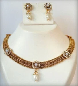 Traditional Indian Gold Pearl Necklace Earring Bridal Wedding Ethnic Jewelry set - Picture 1 of 3