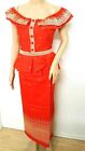 Cambodia Khmer Traditional Out fit Women Size M Red Formal Seing Thai Sets