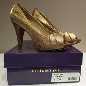 Madden Girl KABOBE Size 7.5 Gold Leopard Peep Toe High Heel Shoes EUC - Picture 1 of 11