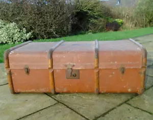 3' Vintage Brown Wood Banded Steamer Trunk Travel Chest Coffee Table Retro Prop - Picture 1 of 15