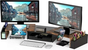 Desk Dual Monitor Stand Riser with Drawer, Rustic Brown - Picture 1 of 5