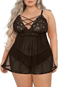 Damen-Dessous-Sets in Übergröße, sexy Babydoll mit offenem Rücken 3X-Large, schwarz - Bild 1 von 5