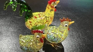 Set Of 3 Mini Tiny Lenox Art Blown Glass Chickens & Rooster 1.5” And 2” Barnyard - Picture 1 of 15