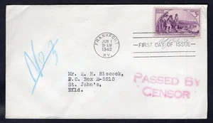 USA 1942 FDC Cover. Censored to Newfoundland. Kentucky Statehood - Picture 1 of 2