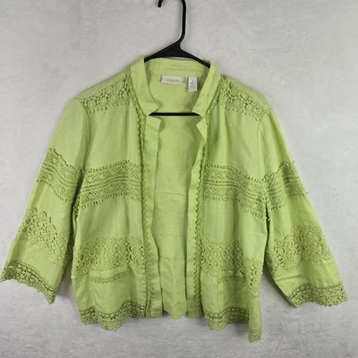 Chaqueta Top Chicos 100% Lino Verde Brillante Frente Abierto Crochet Bordado Talla 2 Foto 1 de 3