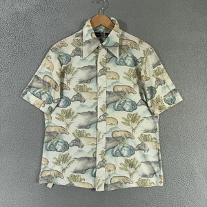 Vintage 90s JCPenney Shirt Mens 16 Medium Hippo Print Short Sleeve Animal Button - Picture 1 of 14