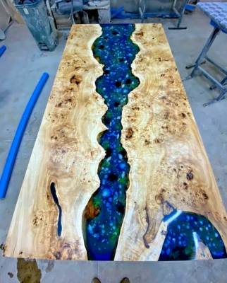 Blue Epoxy Resin Dining Table, Pebbles Epoxy Wooden Top, Live Edge Table Decor - Image 1 of 4